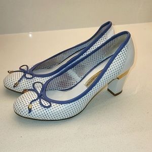 Elche Perforated Leather White & Blue Shoes heels round toe  EUR 37
